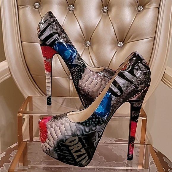 Rosette Colorful Collage Platform Stilettos - Picture 1 of 16